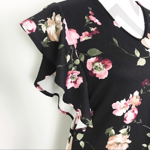 Les Amis Midi Dress Ruffle Flutter Sleeves Black - Picture 4 of 9